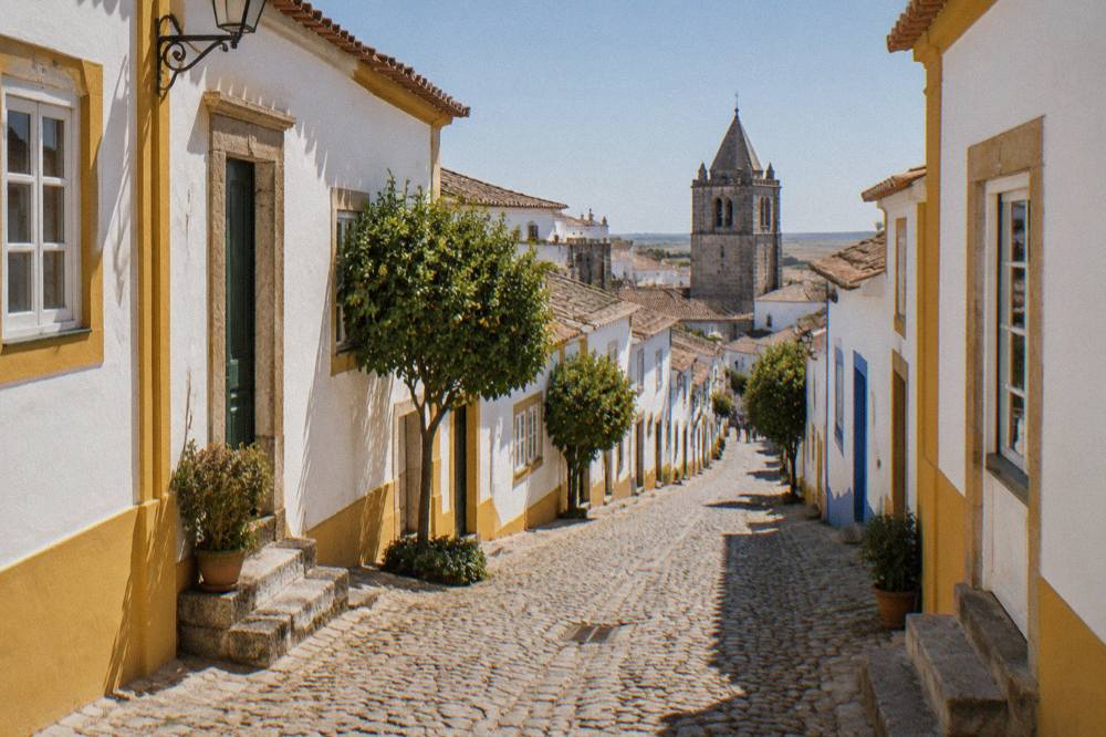 A quiet cobbled street lined with white houses and yellow trim inside the walls of Évora