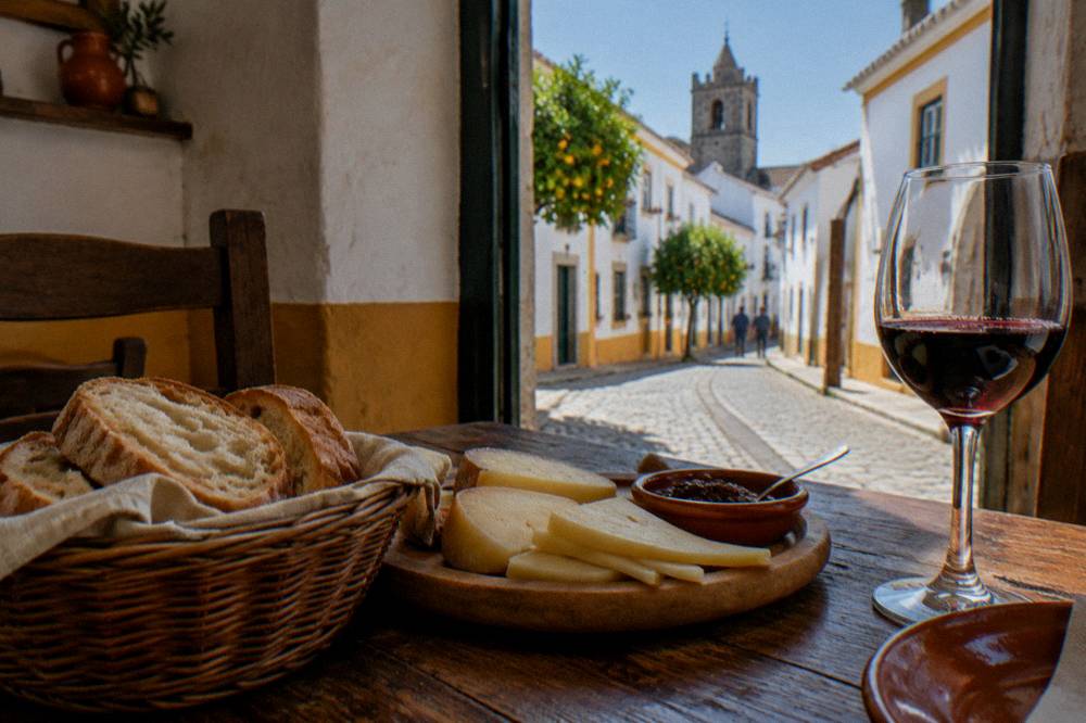 A table set with Alentejo bread, cheese and a glass of red wine inside a rustic tavern