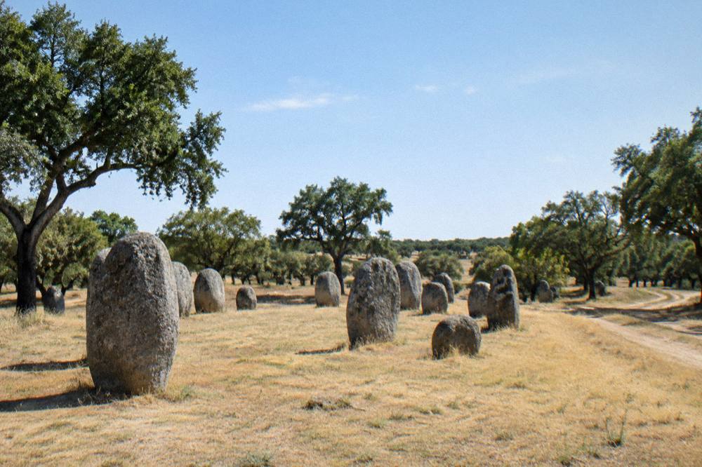 The stone circle of the Almendres Cromlech standing among cork oaks on the Alentejo plain