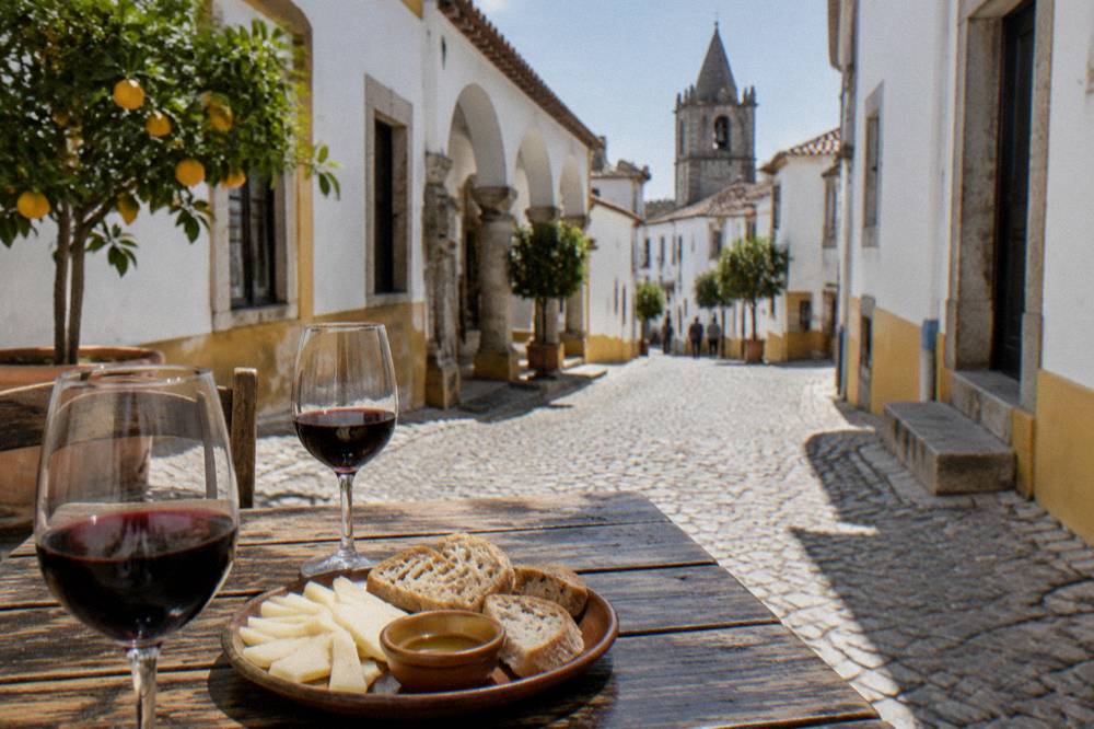 Glasses of red Alentejo wine and a plate of cheese and bread on a rustic wooden table in Évora