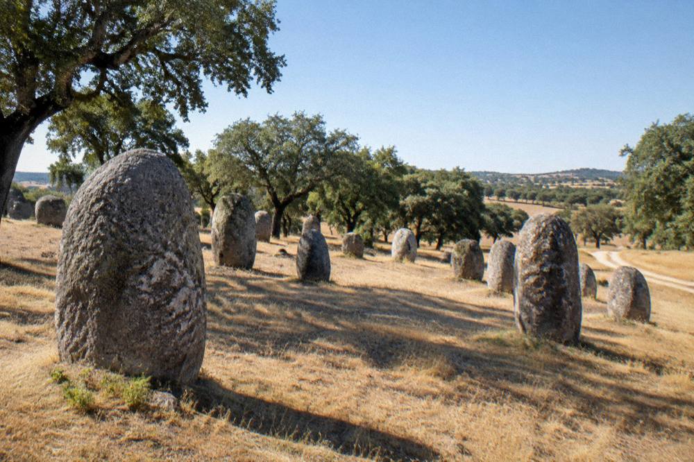 Standing stones of the Cromeleque dos Almendres scattered across a grassy Alentejo hillside at dawn