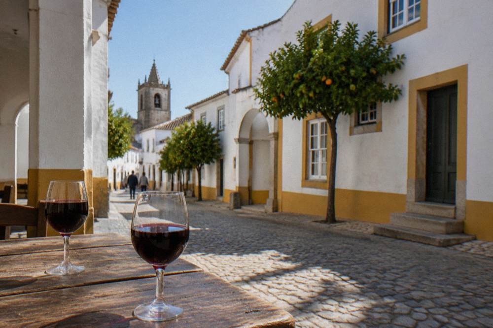 Glasses of red Alentejo wine on a rustic wooden tavern table