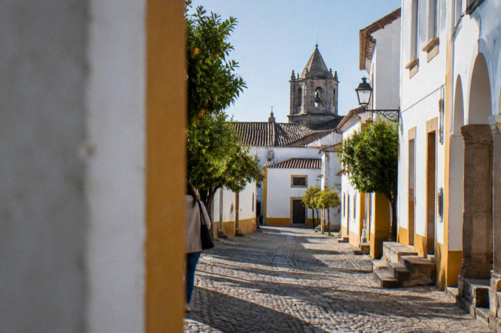 Sunset over whitewashed houses and church towers inside Évora's walls