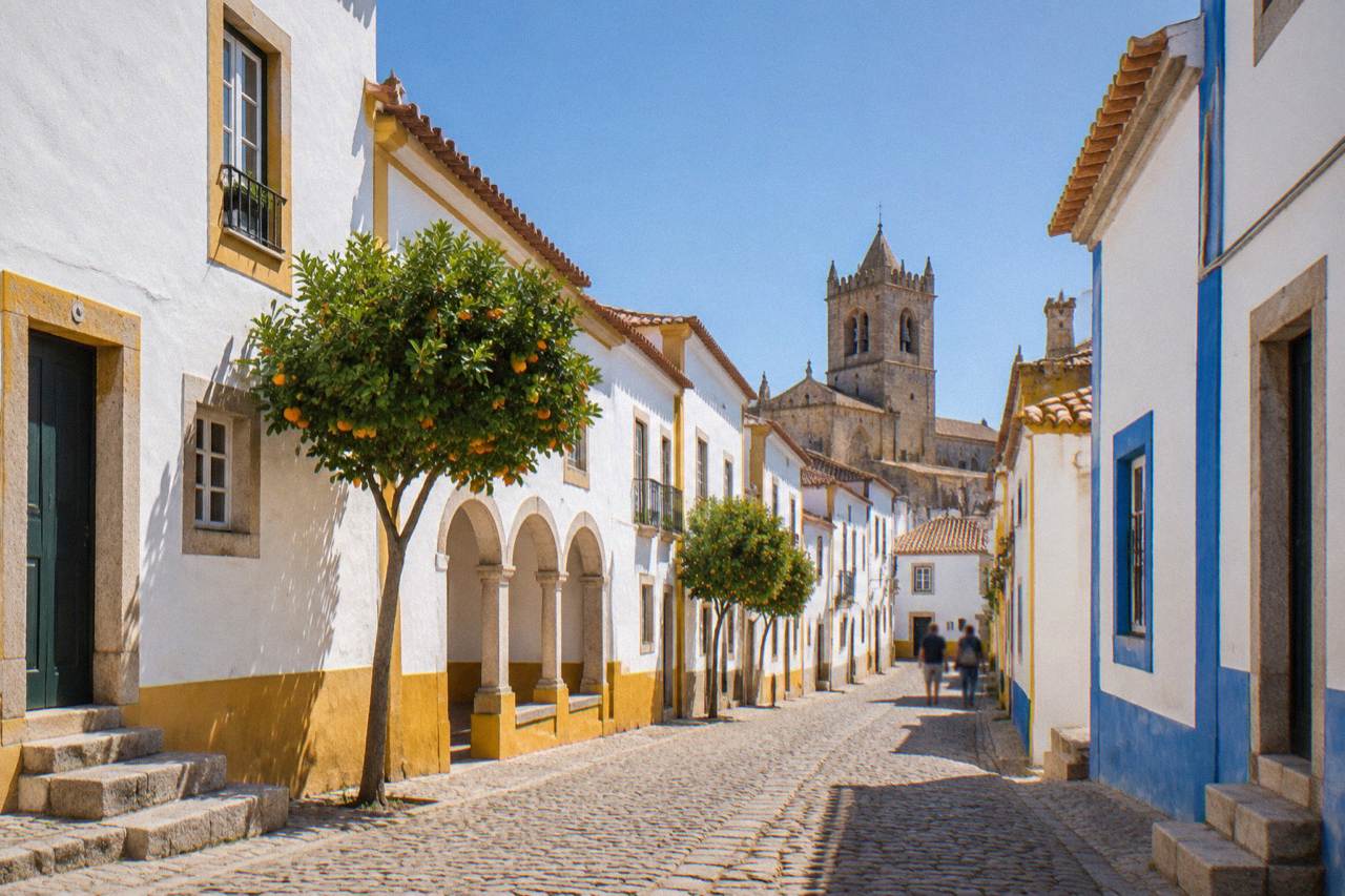 Golden stone buildings and a church tower inside the walled historic centre of Évora under a clear sky