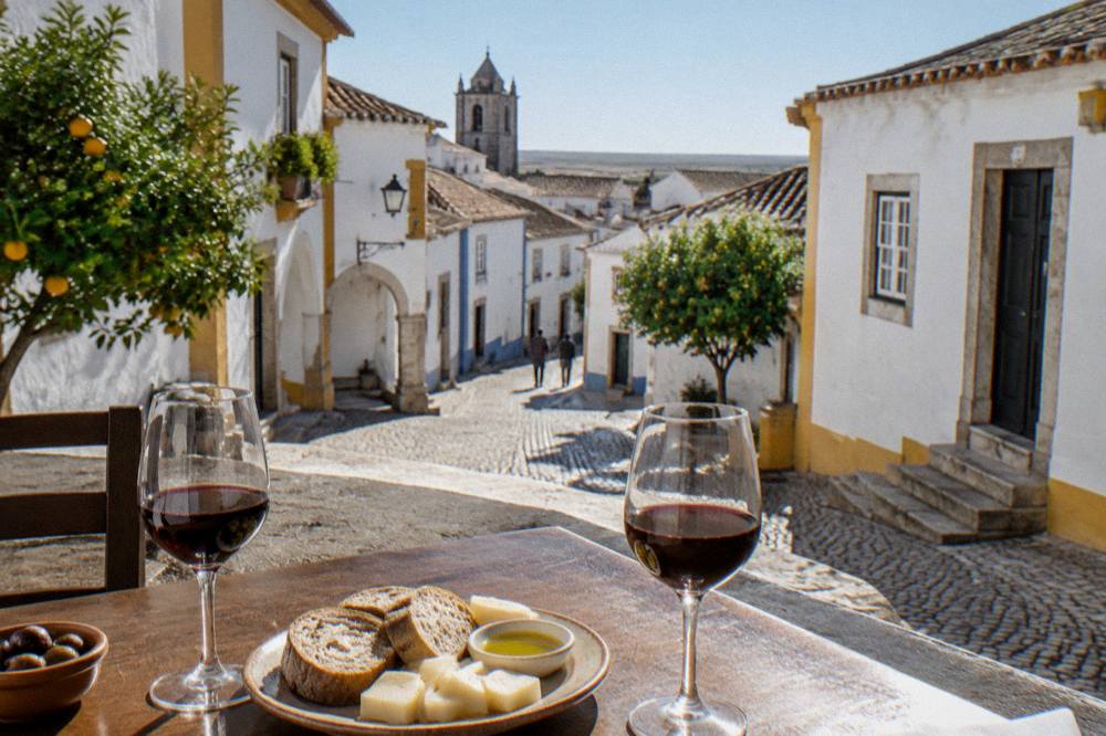 Glasses of red Alentejo wine and a plate of regional bread and cheese on a tavern table