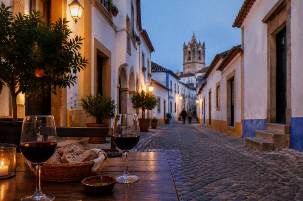 An evening table with wine glasses and Alentejo bread on a terrace in Évora