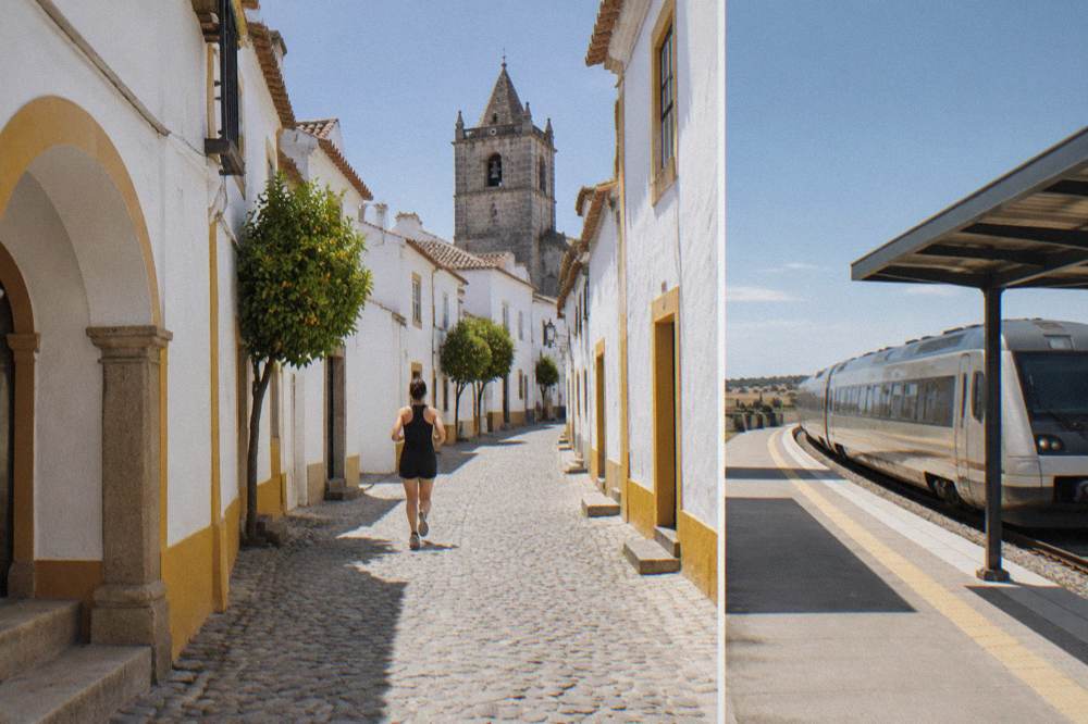 A modern Intercidades train waiting at a station platform in the Alentejo