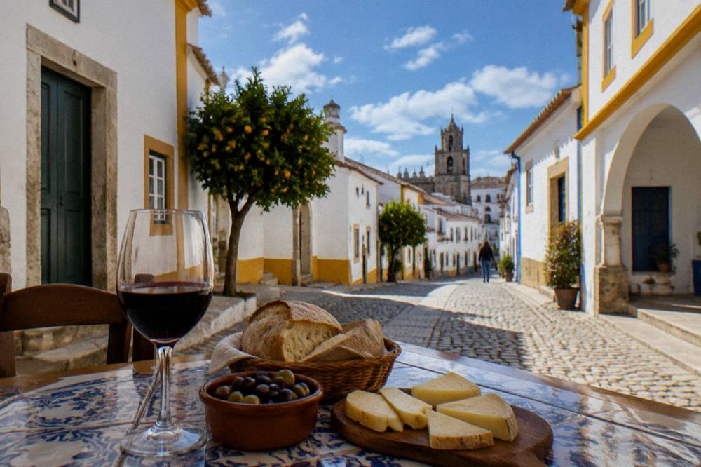 A table of Alentejo red wine, bread, olives and cheese in a tiled Évora tavern