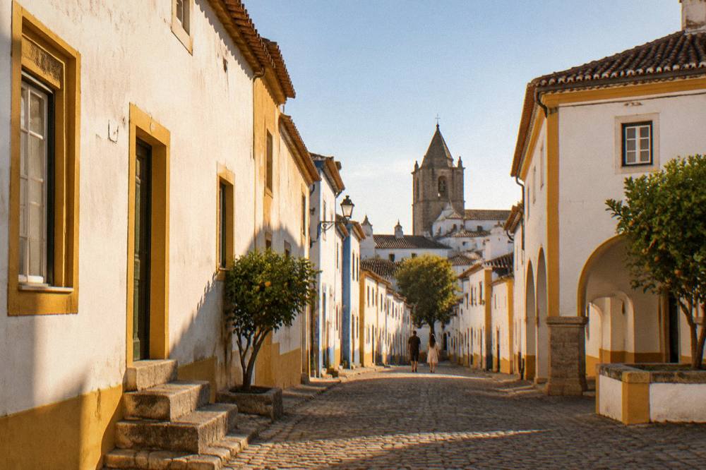 Golden late afternoon light on the whitewashed walls and tiled roofs of Évora