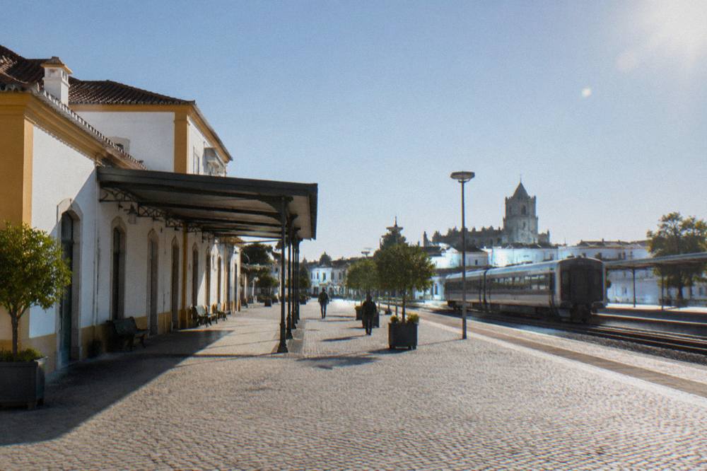 The railway station forecourt in Évora in morning light