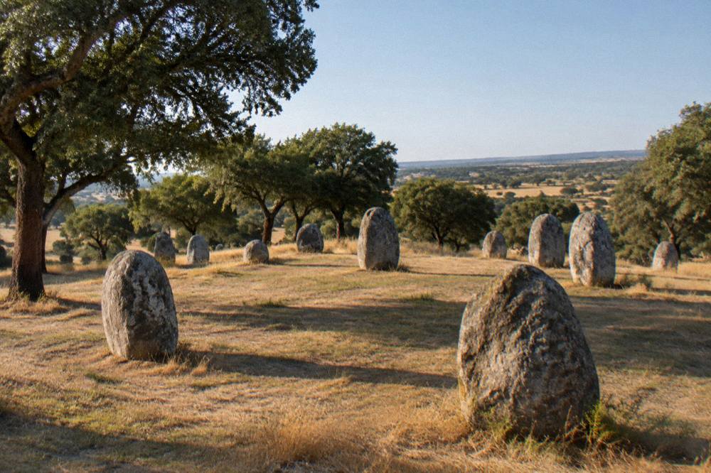 Standing stones of the Almendres cromlech on a open grassy slope under a wide sky