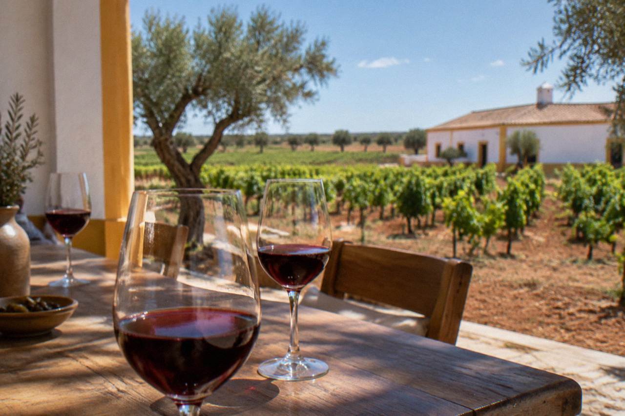 Glasses of red wine on a wooden table in a sunlit Alentejo tasting room