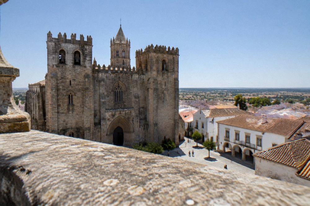 The roof terrace of Évora cathedral overlooking the historic centre at midday