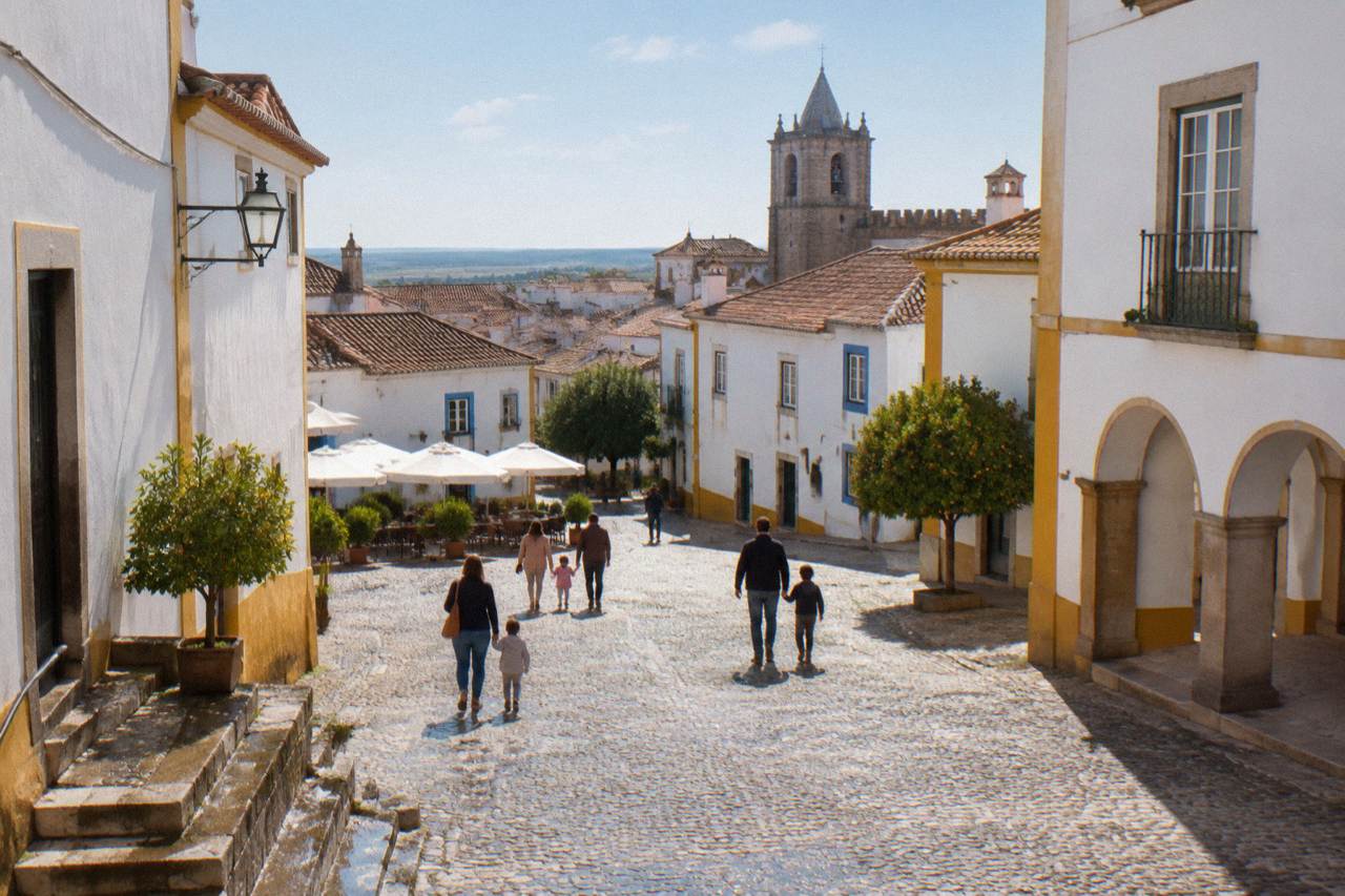 Families walking with children on a sunlit cobbled square in the historic centre of Évora