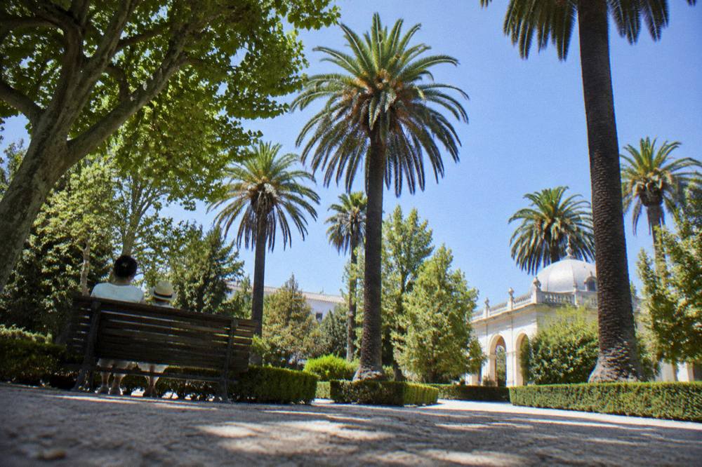 A parent and child resting on a bench under trees in a public garden in Évora