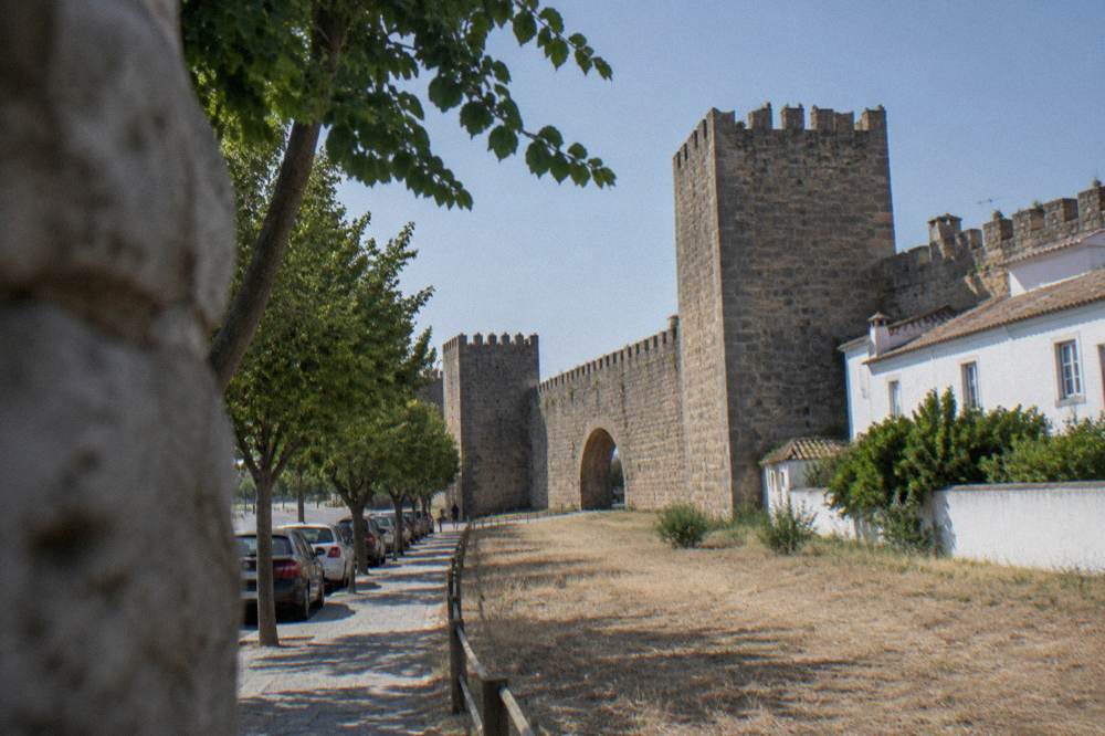 Cars parked along a tree-lined street outside the medieval walls of Évora