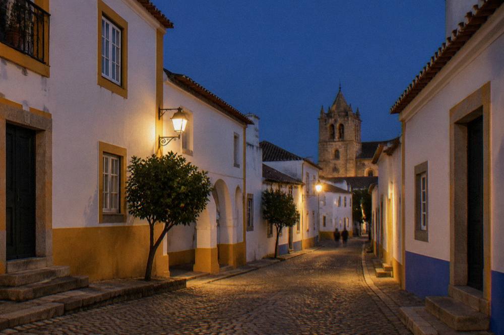 Evening light on a quiet lane of whitewashed houses inside the walls of Évora