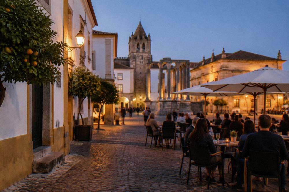 Evening in a Évora square with warm lighting on old stone buildings and people at outdoor tables