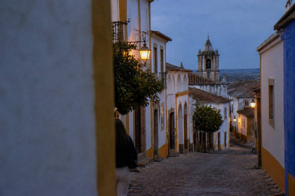 An evening view over terracotta rooftops and church towers inside the walls of Évora