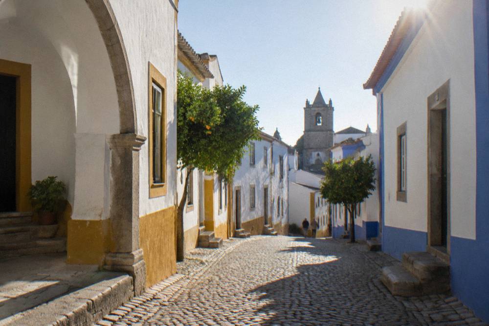 Whitewashed houses of a hilltop Alentejo village with a castle wall above the plain