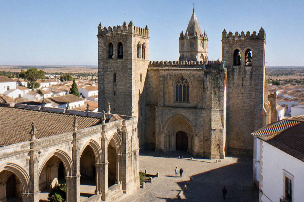 Gothic cloister arches of Évora cathedral with sunlight on stone columns