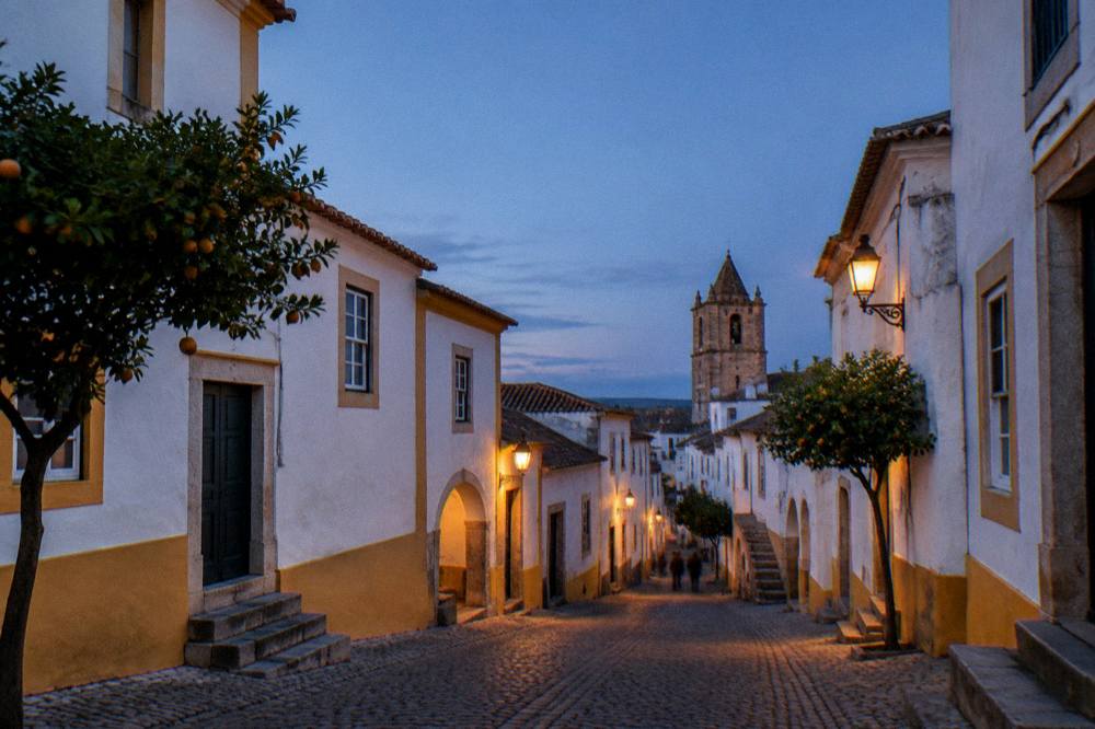 Lantern-lit evening street inside the walled old town of Évora