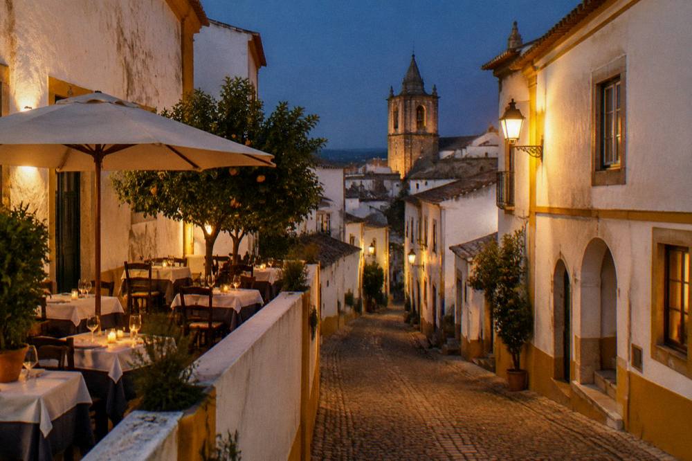 A candlelit restaurant terrace on a cobbled street with white-washed walls in the evening