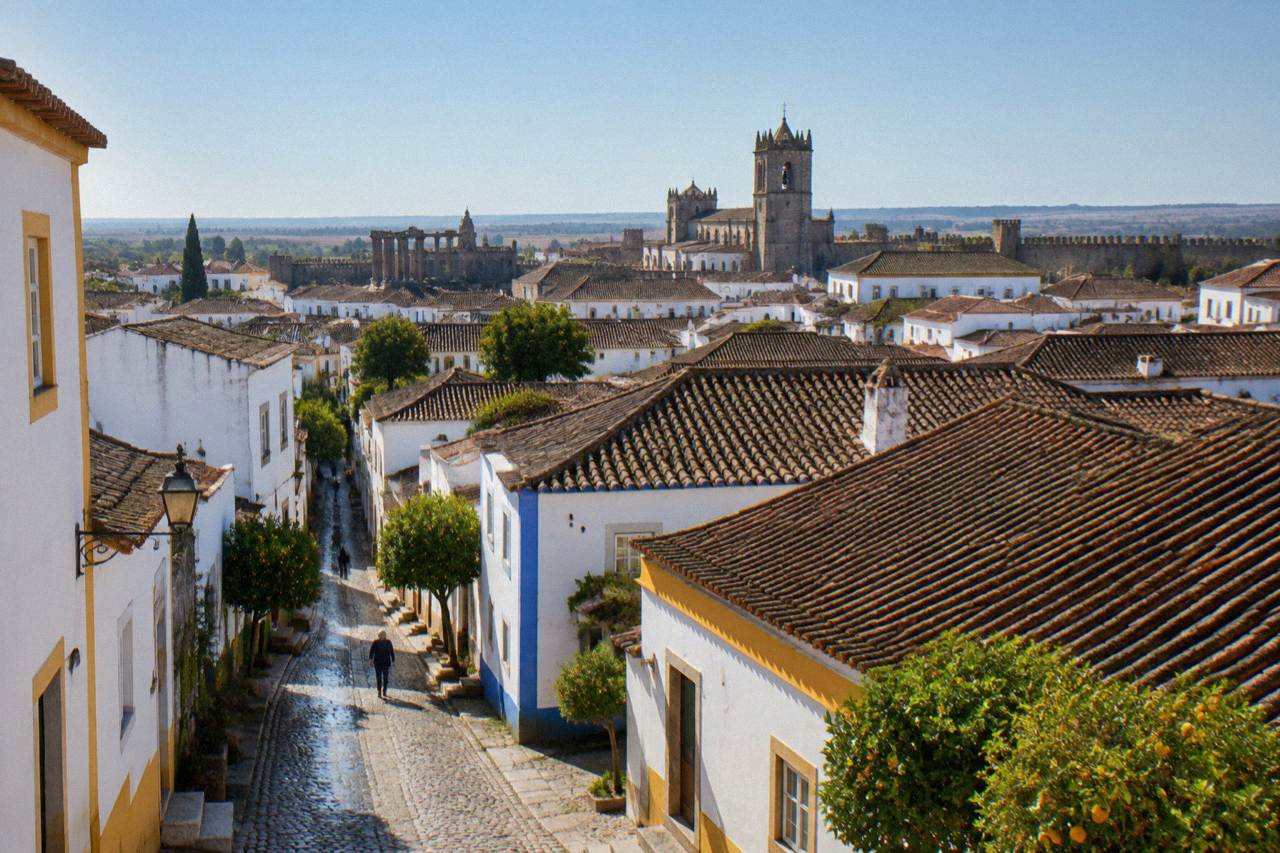 The walled historic centre of Évora seen from a distance under a clear Alentejo sky