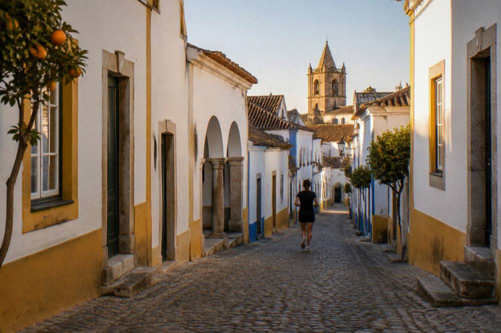 Golden evening light on the rooftops and church towers of Évora from a high terrace