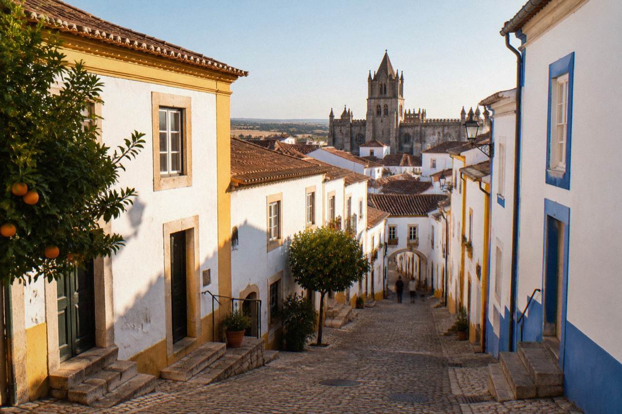 Walled historic centre of Évora with cathedral towers and terracotta rooftops under a clear sky