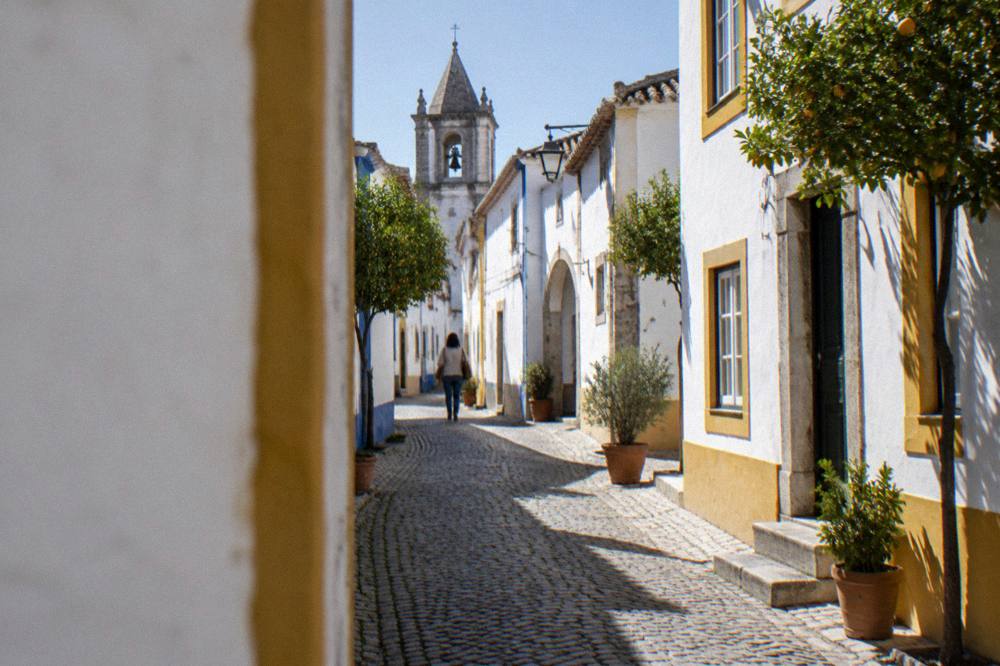 Whitewashed lane in Évora's old town with blue and yellow trim and potted plants