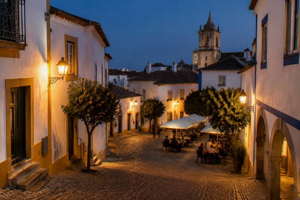 Evening tables and diners on a cobbled square in Évora with warm lamplight
