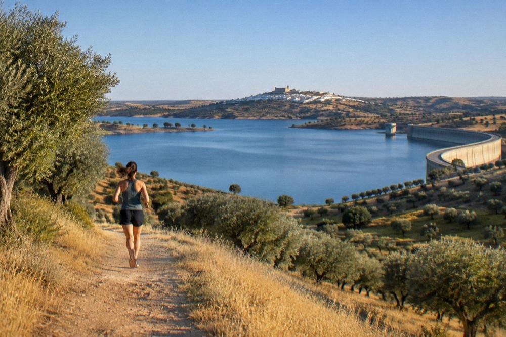 The walled hilltop village of Monsaraz seen across the Alentejo plain and the Alqueva lake at golden hour