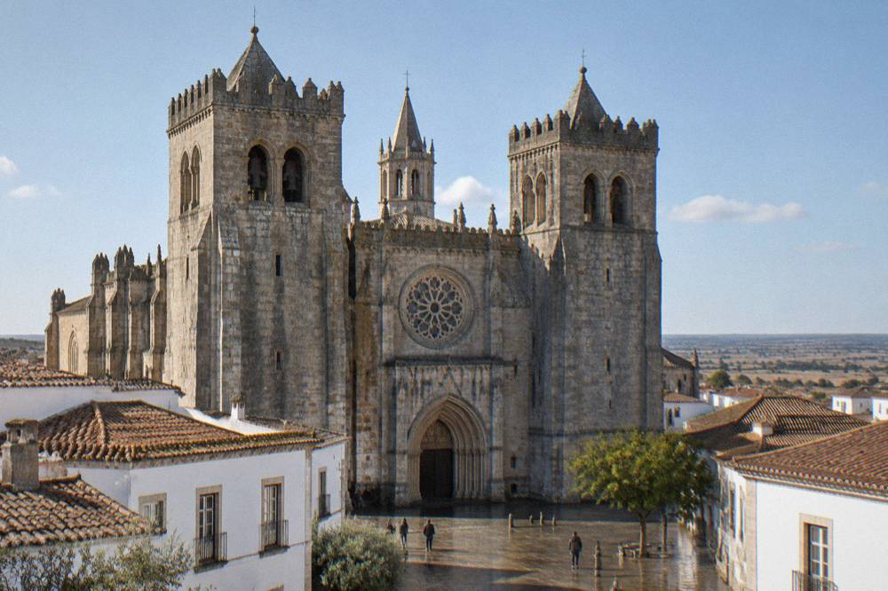 The Gothic interior of Évora cathedral with its rose window and vaulted stone ceiling