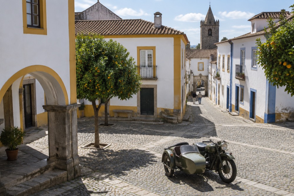 A vintage motorcycle sidecar parked on a cobbled square in Évora