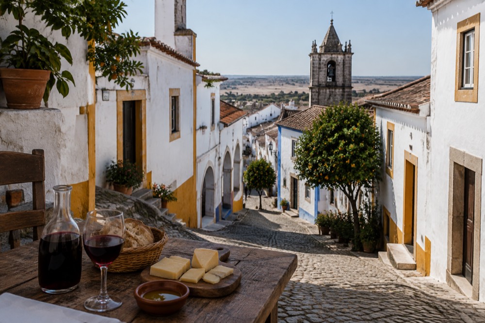 A table with Alentejo red wine, bread and cheese in a rustic tavern