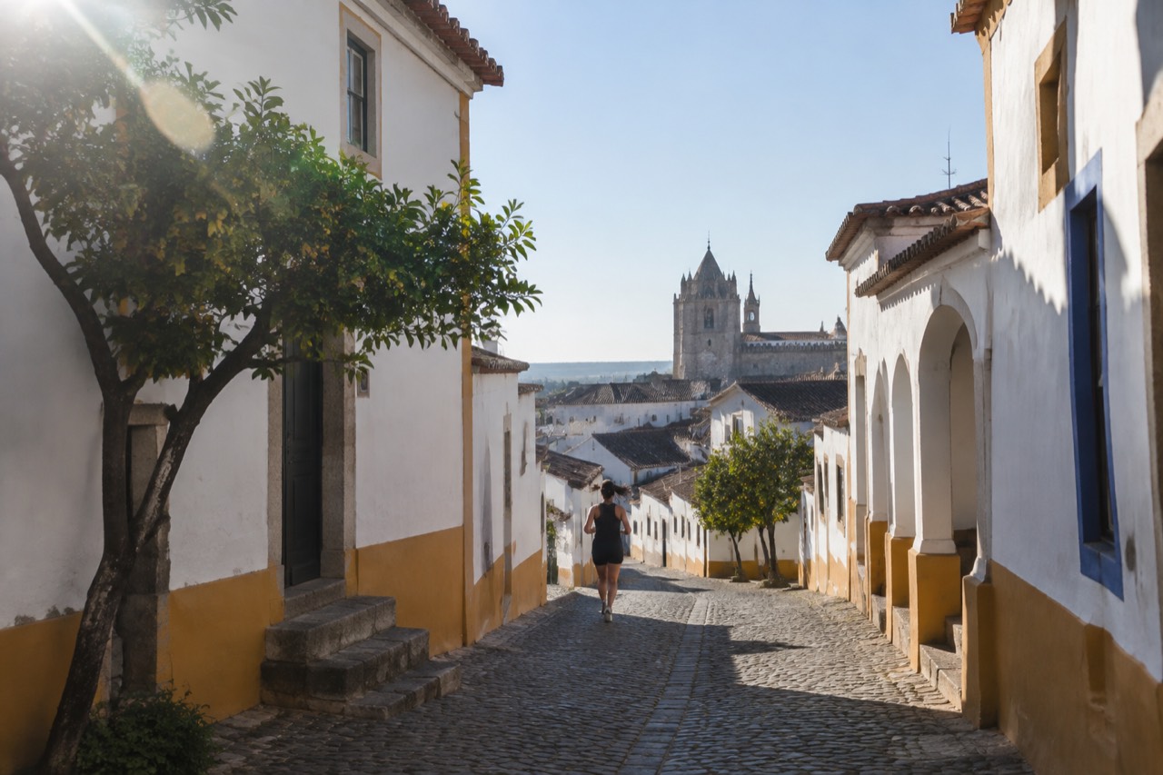 A view over Évora's rooftops with the cathedral tower and white-walled houses under a clear sky
