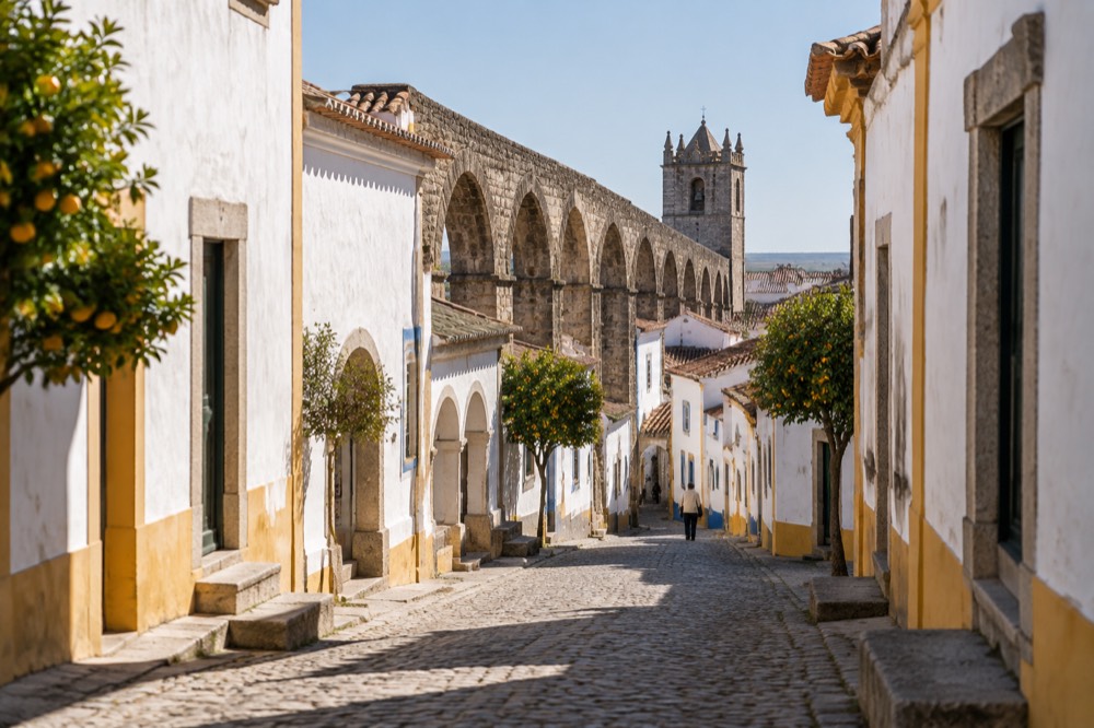 The stone arches of an aqueduct running between low white houses on the edge of Évora