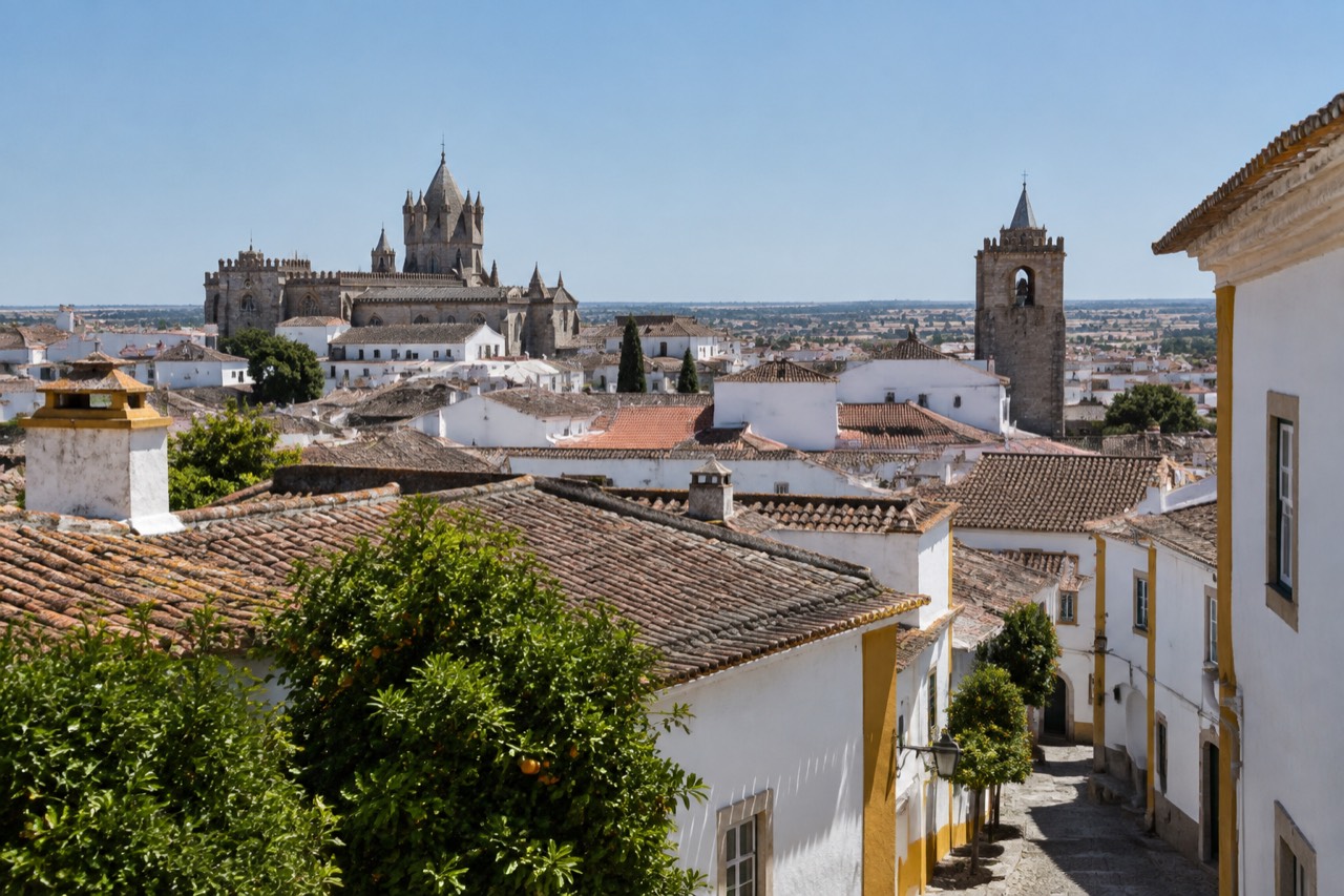 View over the whitewashed rooftops and cathedral towers of Évora under a clear sky