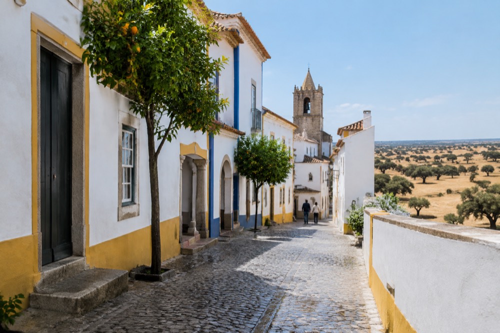 Golden fields and cork oak trees on the open Alentejo plain around Évora