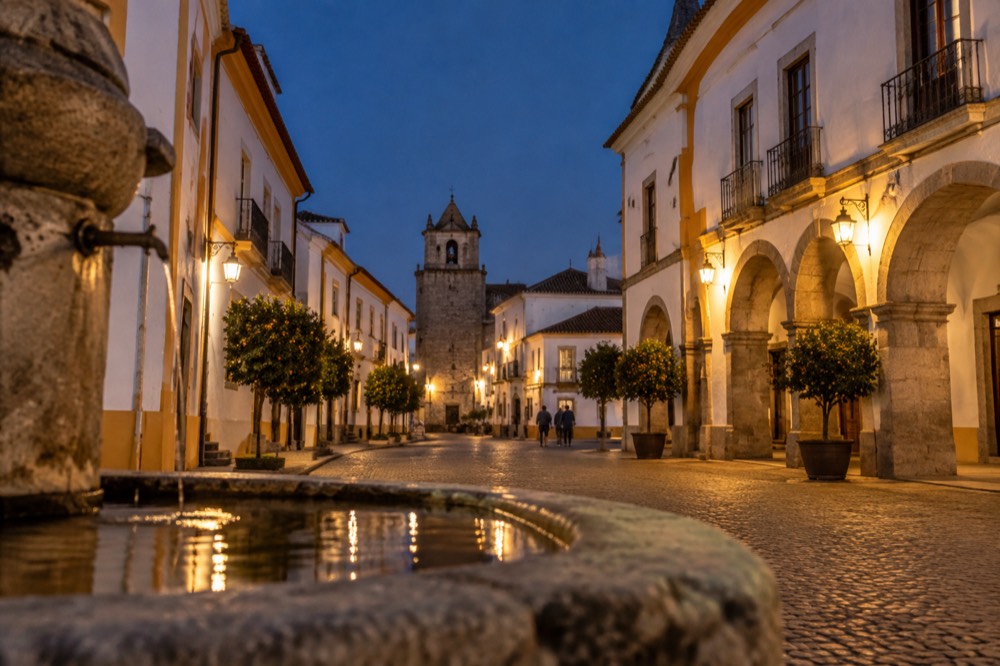 Evening light on the main square of Évora with its arcade and fountain