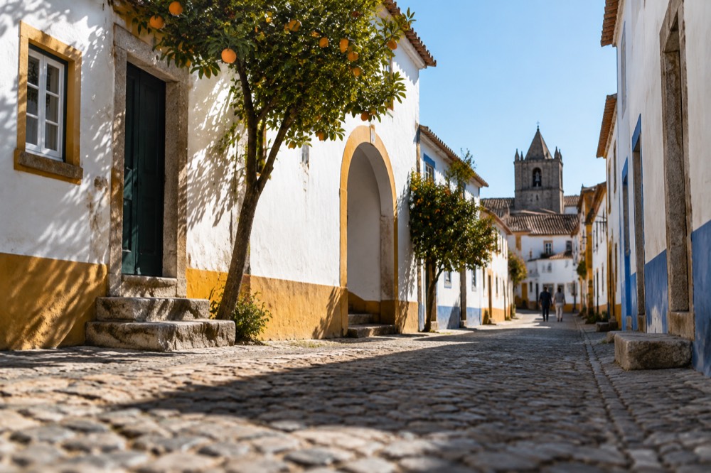 Walled skyline of Évora seen from open countryside at sunset