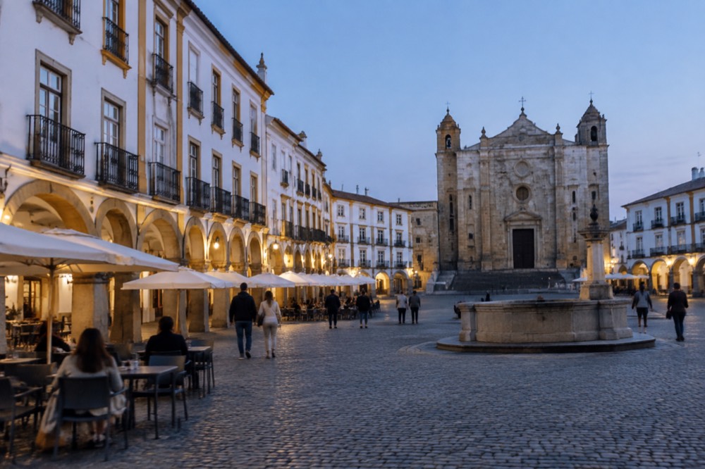 The arcaded Praça do Giraldo in Évora with cafés and pedestrians along the square