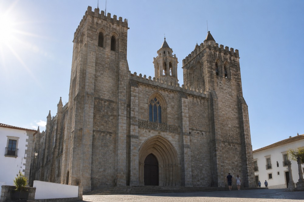 The Gothic interior of the Sé de Évora cathedral with stone columns and natural light