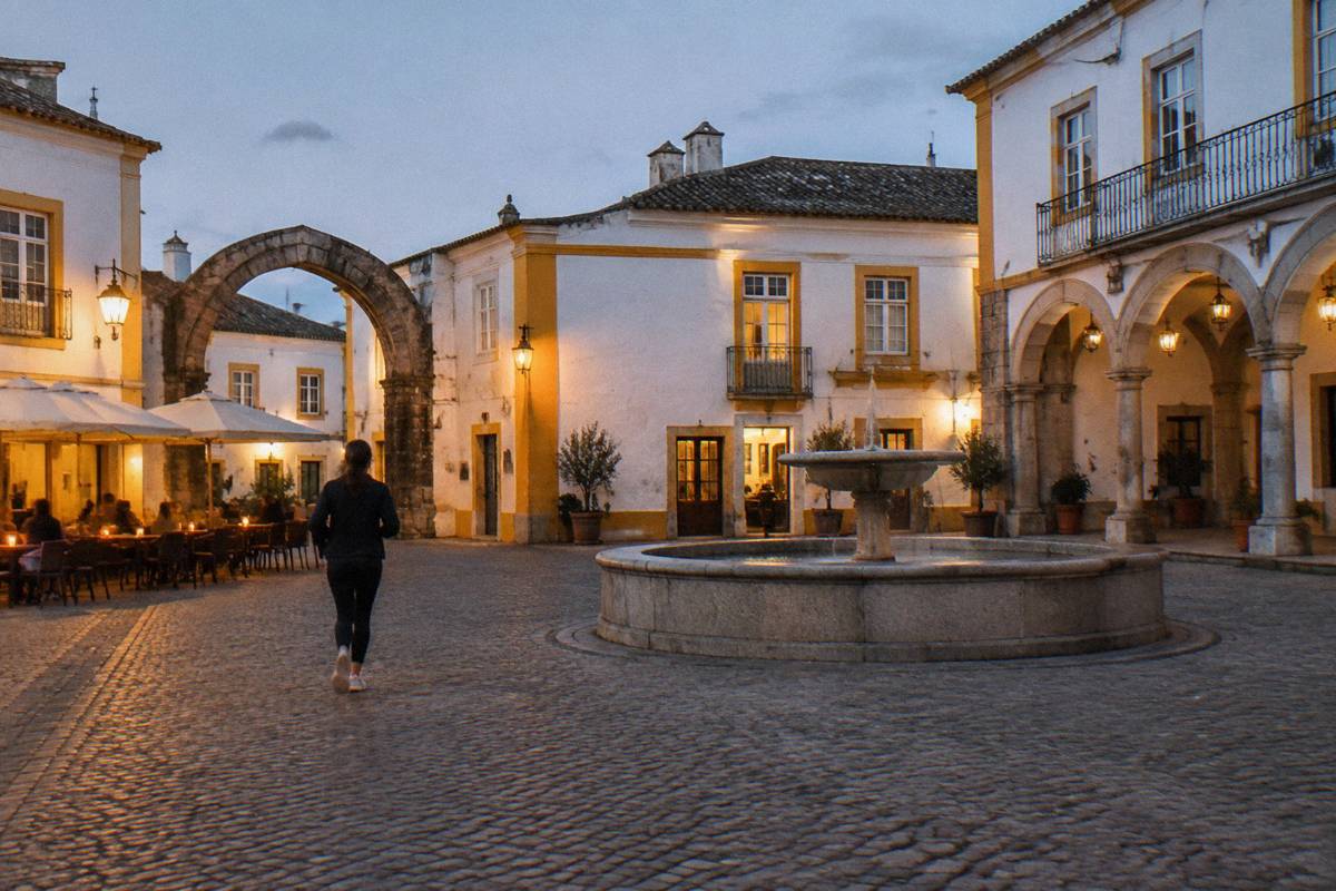 Dusk over a small whitewashed square with a lit terrace, warm lamps and a round stone fountain