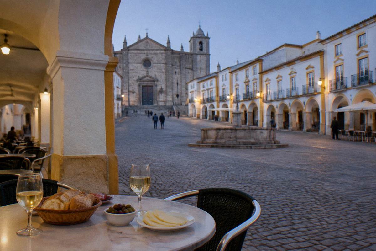 A cafe table in a whitewashed arcade set with bread, olives and a plate of sliced cheese in warm light
