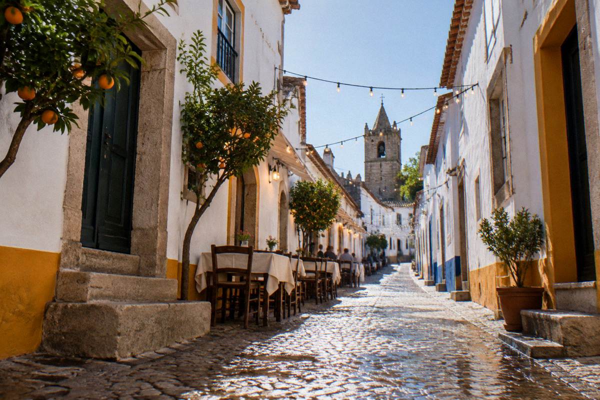 A narrow whitewashed lane of small family-run restaurants with tables set outside under a string of warm lights