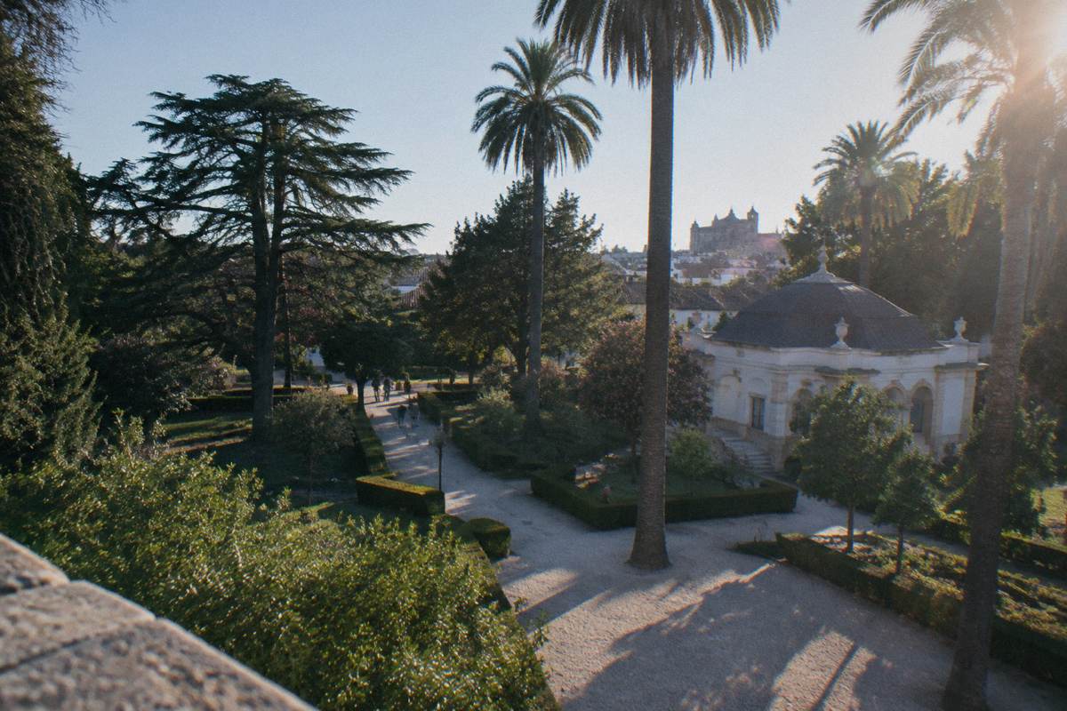 Gravel paths among clipped hedges and tall palms in an old town garden beside a low ornamental pavilion