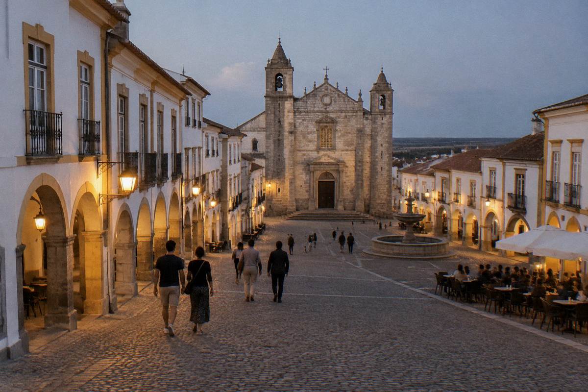 A sloping square of whitewashed arcades after dark with warm lamps lit and people walking away from the camera