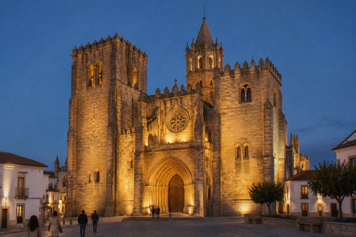 A massive granite cathedral front floodlit warm gold against a deep blue evening sky